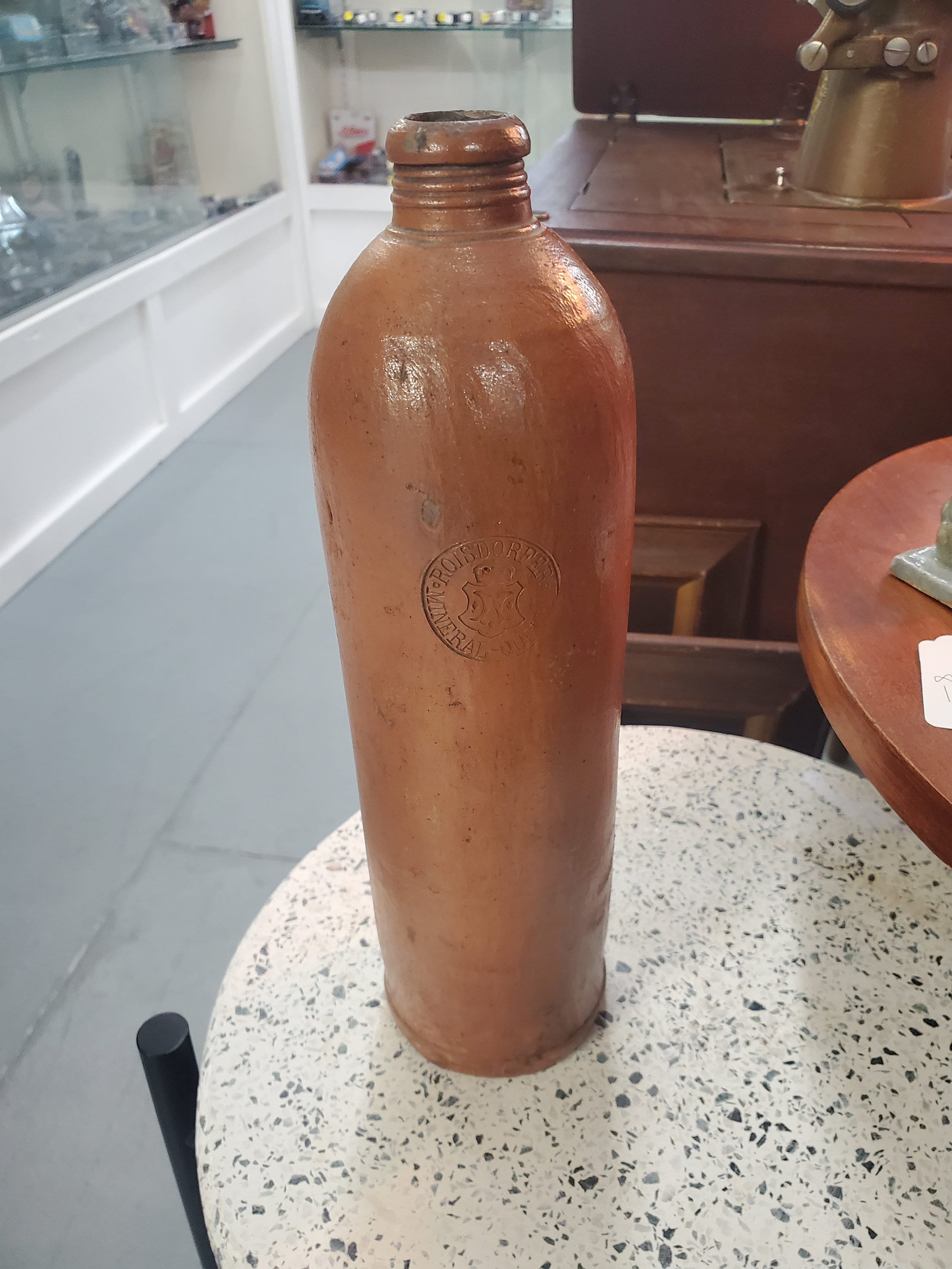 1800s, German Redware Mineral Water Pottery Bottle, Roisdorfer Mineral ...