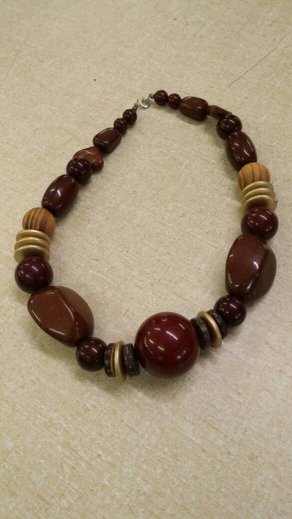 Chunky Maroon Red, Dark Brown  and Brass Bead 16 … - image 1