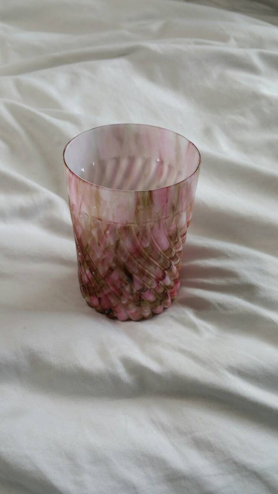 Rare Find, 16 ounce, Neapolitan  Chocolate Brown, Pink and Green, Swirl  Ruffled Glass Cup, Vintage Glass