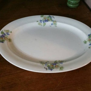 Semi Porcelain, 11.75 inch Shabby Chic/Antique White Oval Serving Platter with Green and Blue Daisies