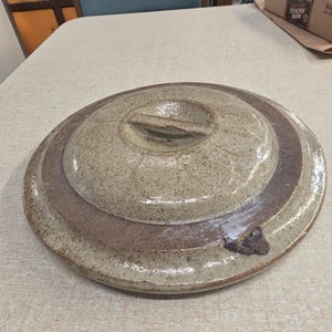 Può includere: Un coperchio in ceramica rotondo di colore beige maculato con una maniglia centrale. Il coperchio presenta un'ampia fascia circolare marrone scuro lungo il perimetro e una piccola macchia scura dalla consistenza ruvida sul bordo esterno.