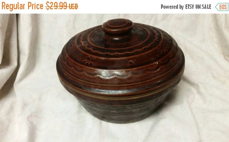 On Sale Marcrest Daisies and Dots Medium Sized Casserole Serving Dish or Mixing Bowl with Lid Collectible Brown Pottery