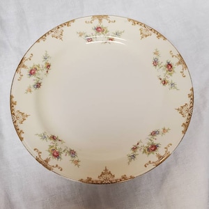 Könnte beinhalten: Ein weißer Keramik-Dinnerteller mit goldfarbenem Rand und Blumenmuster. Die Blumen sind rosa, rot und blau.