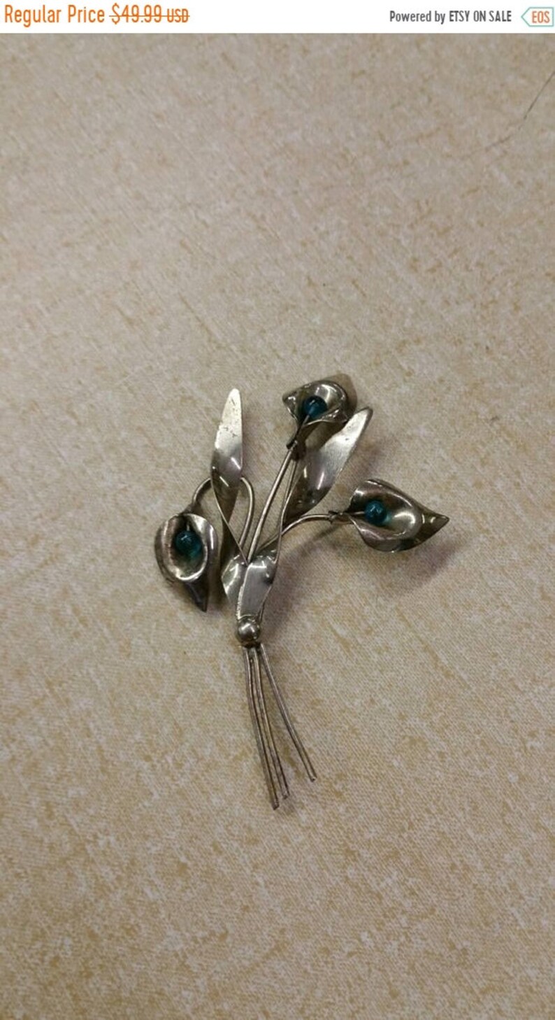 On Sale Vintage Sterling Silver Calla Lily and Blue Bead Brooch or Pin Costume Jewelry Fashion Accessory