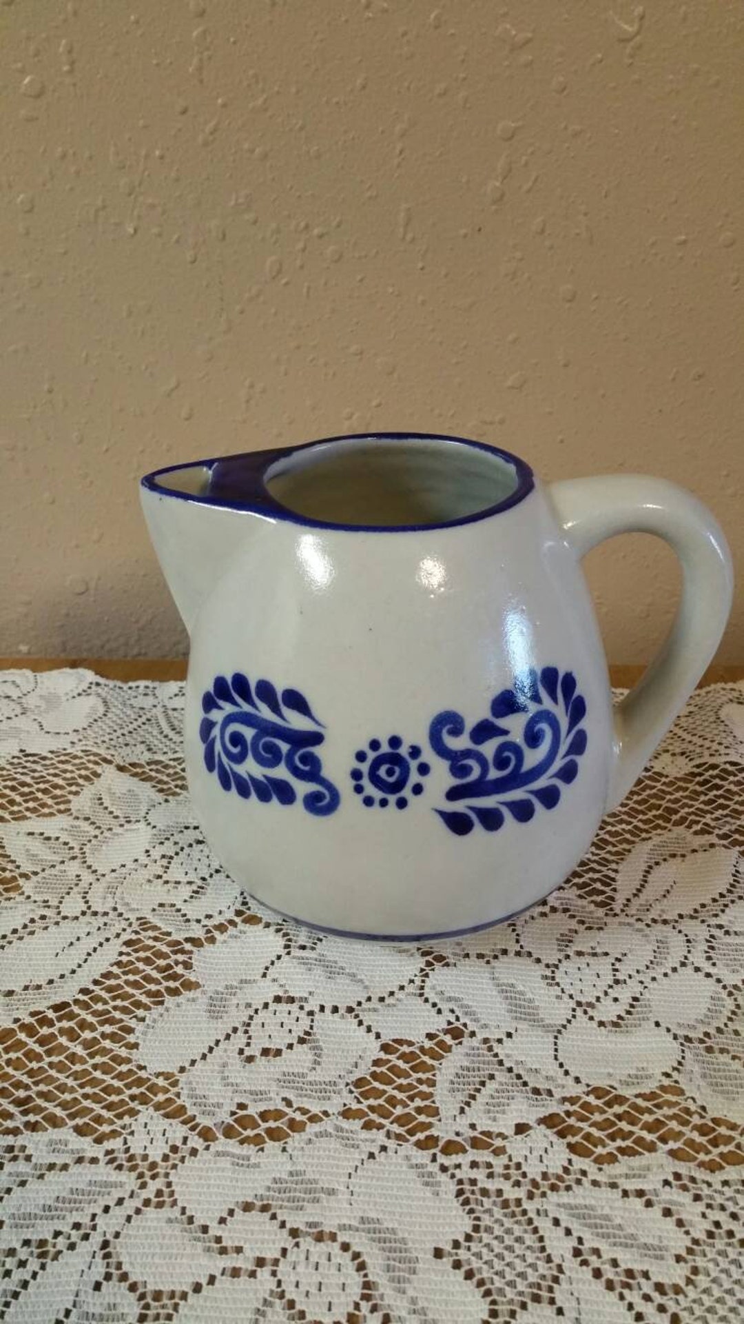 Bone Inlay Rice Pitcher Primitive Unmarked Farmhouse Primitive Decor Gray and Blue Band Pitcher With ...