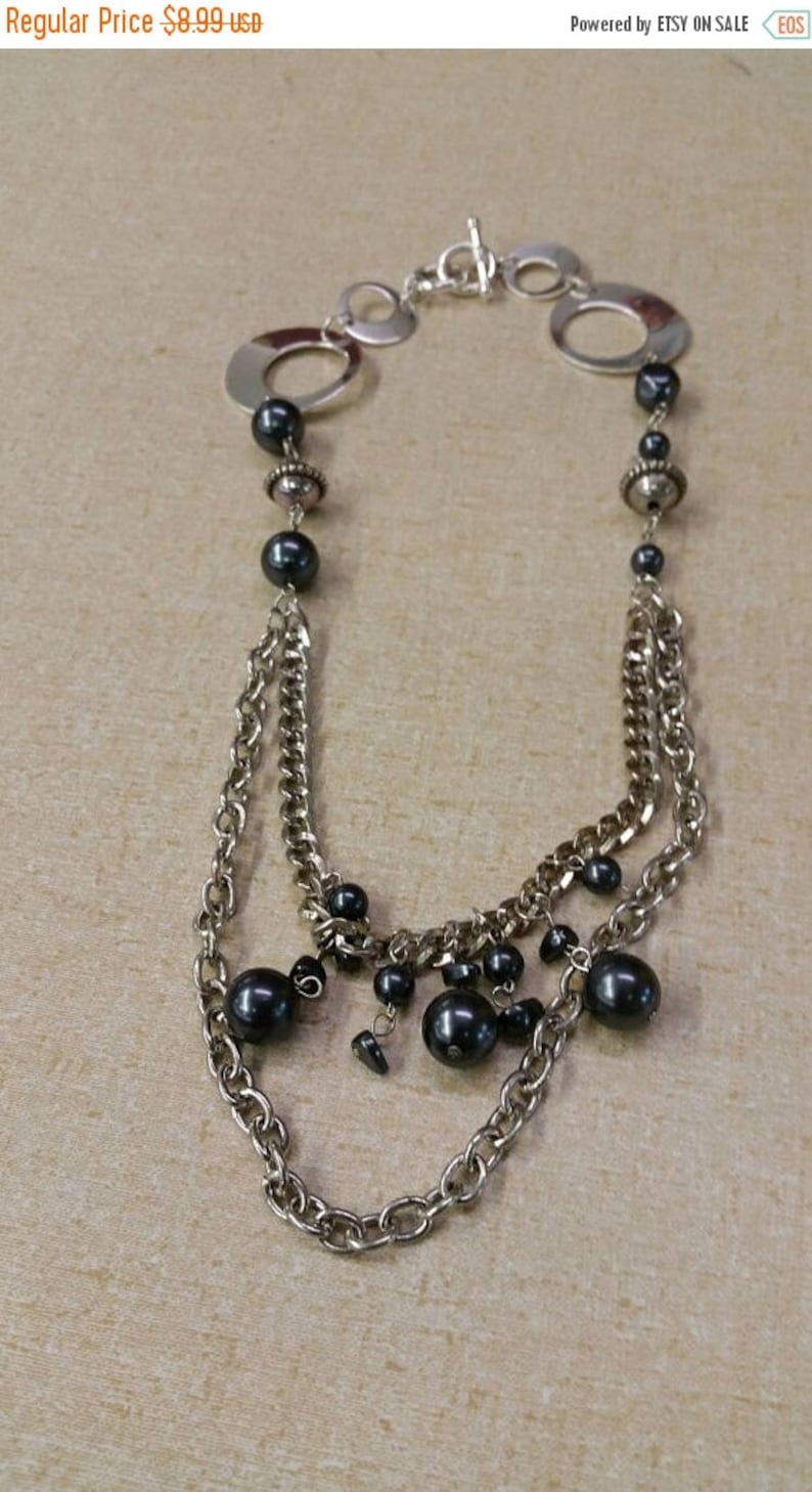 On Sale Steampunk Style Single Strand 24 inch Silver Toned Chain and Black Bead Costume Jewelry Fashion Accessory