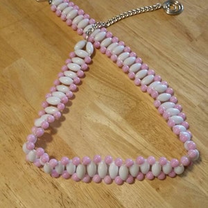 Woven Pink and White Plastic Bead, 40 inch Belt with Gold Toned Alloy Chain,  Vintage Fashion Accessory