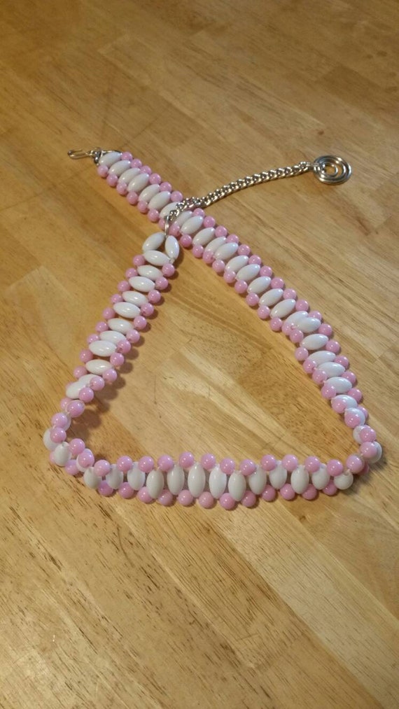 Woven Pink and White Plastic Bead, 40 inch Belt wi