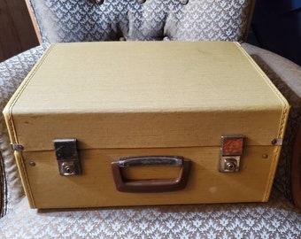 No Name, Mustard Yellow, Vinyl Suitcase, Travel Bag, Small Sized, Vintage Luggage, Photo Prop Home Decor, Brown Vinyl Interior