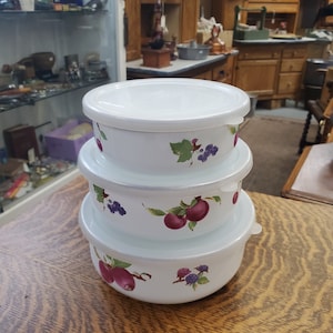Made in Thailand, Set of 3 White with Fruit Design, Enamel Serving or Mixing Bowls, Stackable Kitchen Tools, Plastic Lids