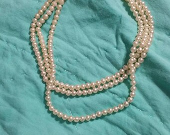 Faux Pearl,  Triple  Strand 14 inch, Choker Necklace, with Gold Toned Beads, Costume Jewelry, Fashion Accessory