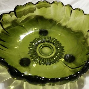 Heavy Indiana  Green Avocado Green Glass Large Serving Bowl Footed Dish Ruffled Dish