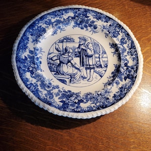 Rare Find, Minton England, Flow Blue 10.25 inch Round Serving Plate with King and Woman Design, Blue Flowers Rim