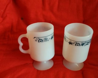 Set of 2, Pyrex Collectible Milk Glass, Blue Onion/Old Town Irish Coffee Mugs, Vintage Kitchen, Made in the USA