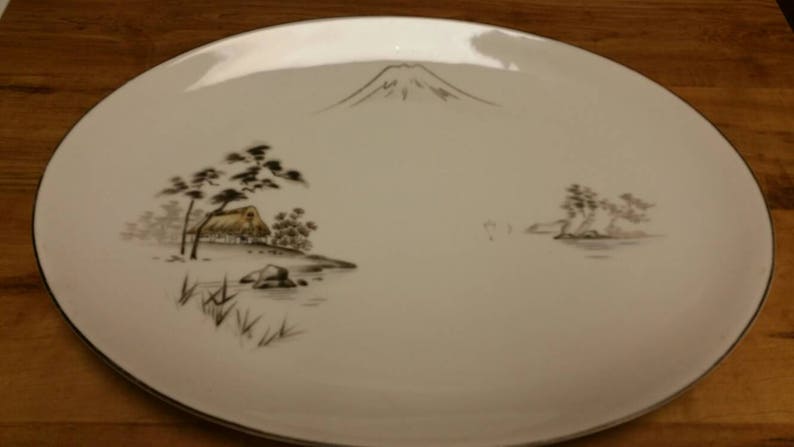 Fuji Pattern 2215 White and Gray 15 inch Oval Serving Platter Collectible China Turkey Platter On Sale Rare Large Sone China Mt