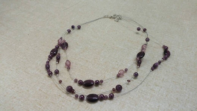 On Sale Memory Wire Purple Bead 3 Strand 18 inch Necklace Costume Jewelry Fashion Accessory