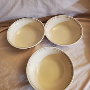 Set of 3 Corelle Forever Yours 6.10 inch Soup/Cereal/Salad Bowls, Everyday Dishes Blue and Pink Stripes, Vintage Kitchen Bowls