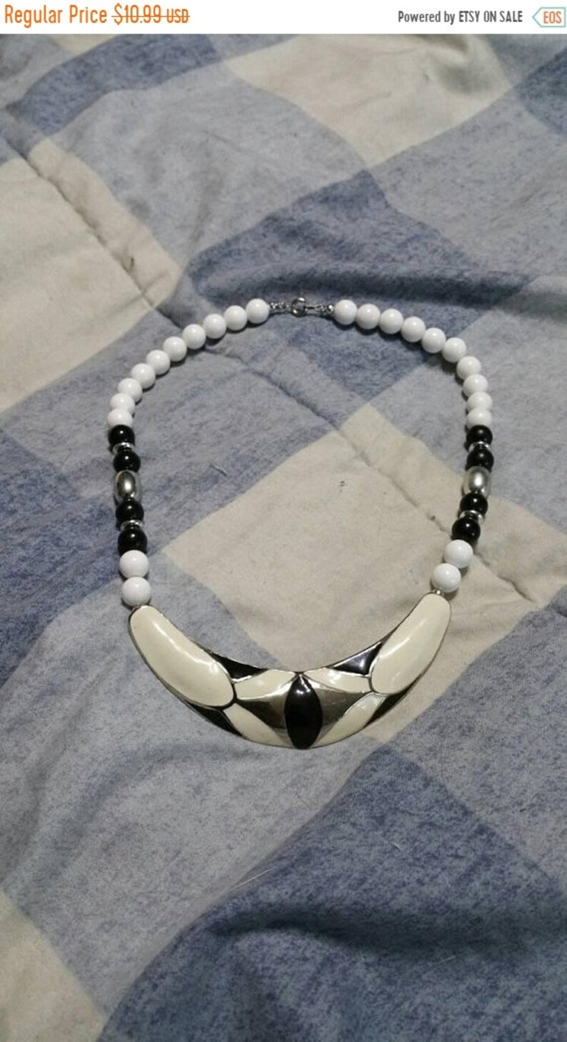On Sale Silver Toned Black and White Bead 15 inch Choker Off White and Black Enamel Pendant Necklace Costume Jewelry Fashion Accessory
