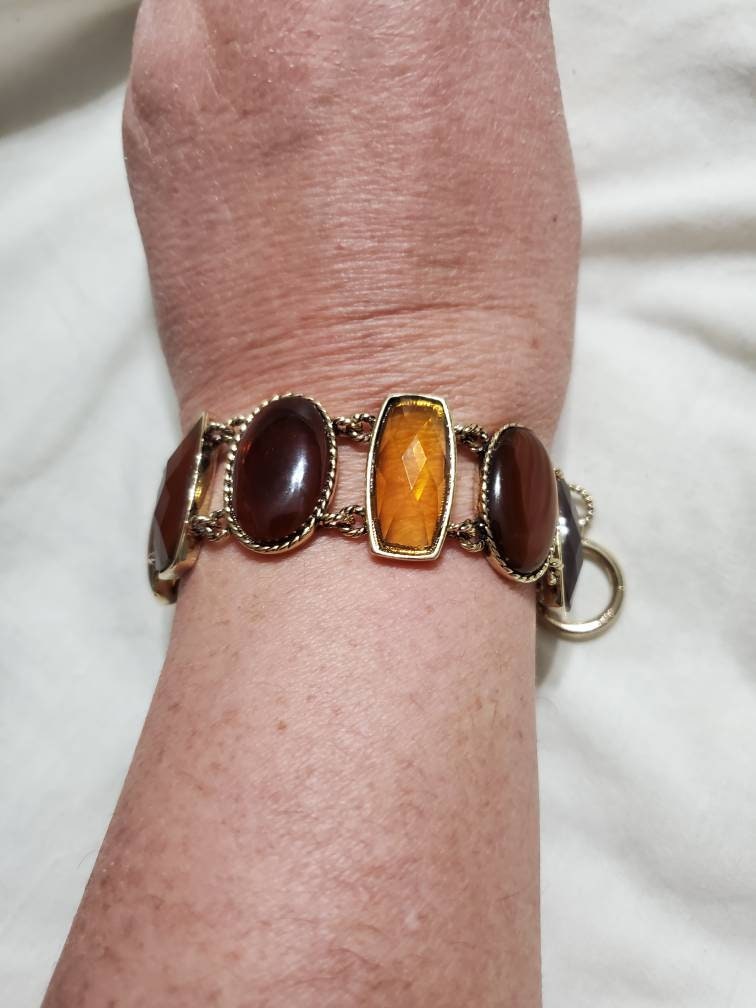 Tortoise Shell, Gold and Brown Beaded, Gold Toned Chain, Toggle Clasp Bracelet, Costume Jewelry, Fashion Accessory