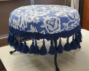 Brand New, Navy Blue and White Floral Fabric, Footstool with Blue Fringe, Low Profile Ottoman with Metal Legs