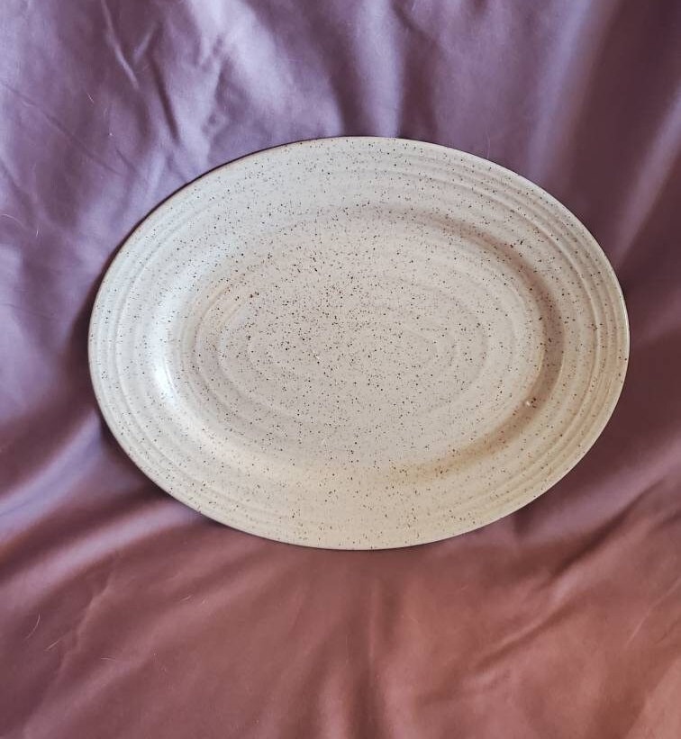 Homespun by Churchill, 12-inch Oval Platter, Brown Specks on Cream, Embossed Rings, Snack Tray, Turkey Platter, Appetizer Dish