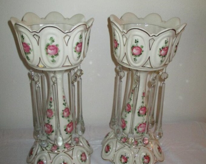 Set of 2 Victorian Lustre Vase 19th Century White With Pink Etsy