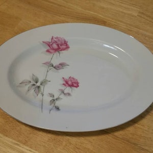 Nasco, Rose Bramble, Oval 12.30 inch Serving Platter, White with Platinum Rim, Hot Pink Rose, Vintage Serving Dish