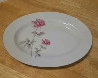 Nasco, Rose Bramble, ovale 12,30 inch serveerschaal, wit met platina rand, Hot Pink Rose, vintage serveerschaal