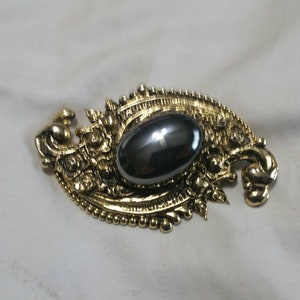 Bronze Toned and Black Hematite Tone, Baroque Style Oval Brooch or Pin, Vintage Costume Jewelry, Fashion Accessory