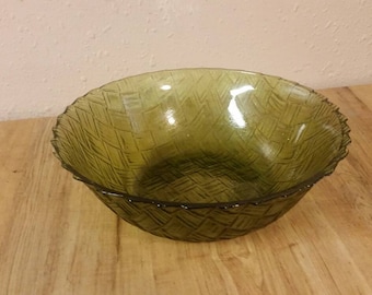 Collectible Glass Hunter Green Carnival Glass Basket Weave Serving Bowl