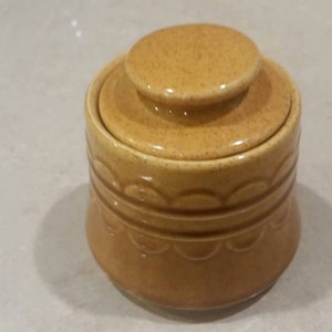 Puede incluir: Un pequeño tarro redondo de cerámica con tapa. El tarro y la tapa son de color beige moteado. El tarro tiene un patrón decorativo de vieira alrededor del centro. La tapa tiene un pequeño pomo para facilitar la extracción. El tarro es probablemente para guardar alimentos.