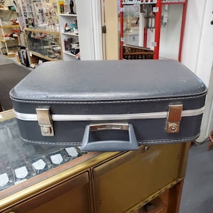 No Name,  Medium Sized, Dark Gray, Powder Blue Inside, Vintage Suitcase with Silver Toned Chrome, Mid Century Case