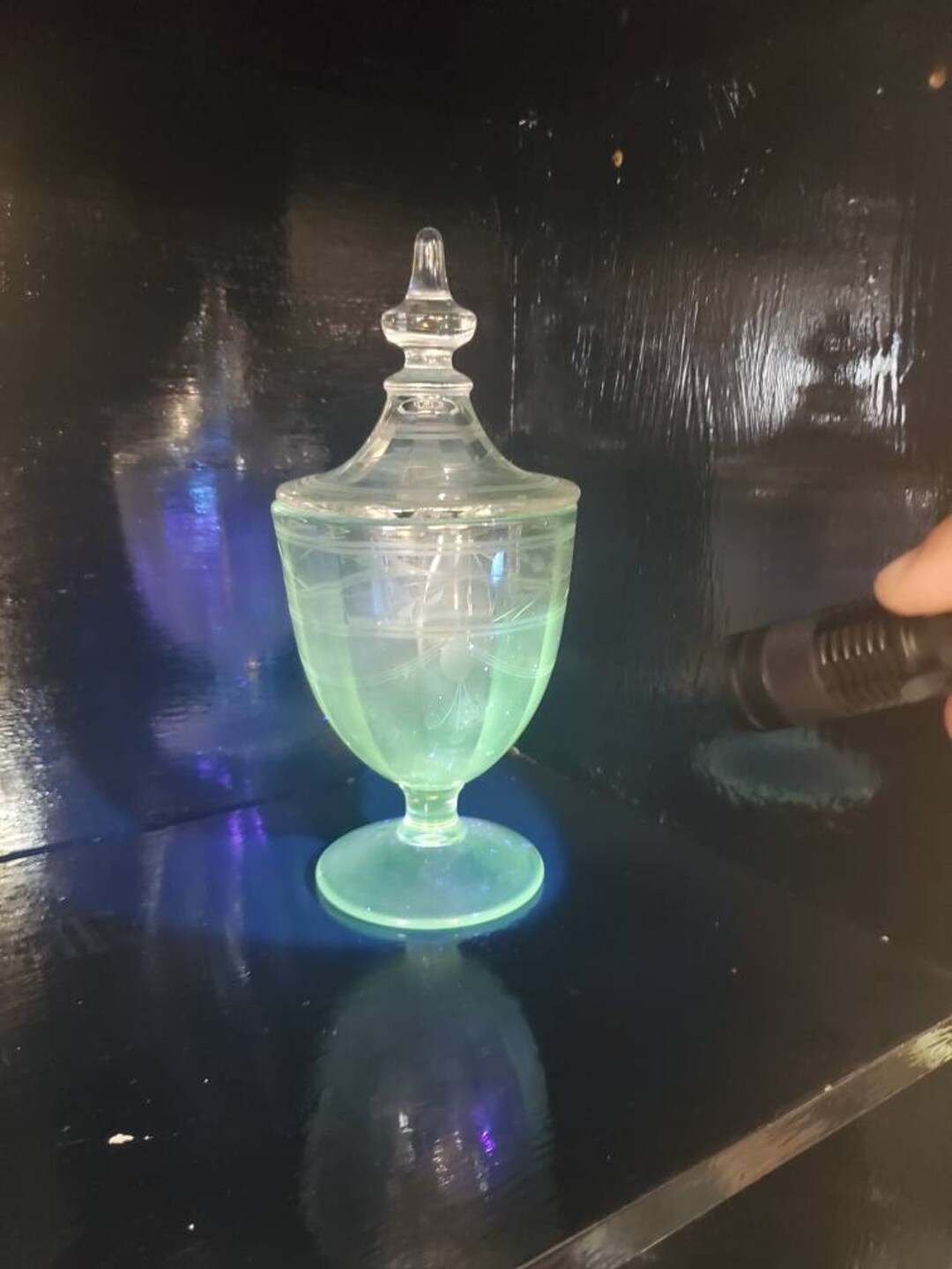 Manganese Green and Clear Glass, 2 Piece Pedestal Dish, Covered Compote ...