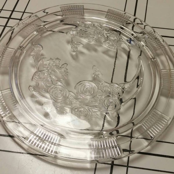 Round Hazel Atlas Clear Glass Embossed Flower Footed Plate for Cakes or Decorating, Footed Cake Plate