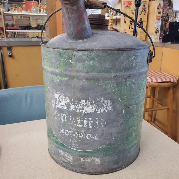 Rustic Green and Silver Galvanized Steel Gas Can with Wood Handle, Automotive Decoration, Car Collectible, Man Cave Decor