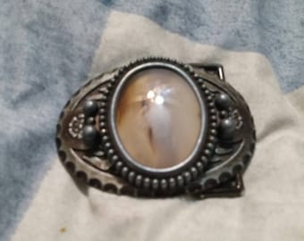 Unique Handmade Leather Rock pewter, abalone, and crystal belt buckle Abalone & Swarovski Crystal Belt Buckle: Art Deco Style  main image 4