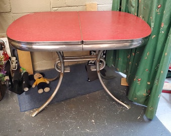 Mid Century Modern 1950s  Red  and White Formica Table,  with Chrome Pedestal Legs, Farmhouse Kitchen