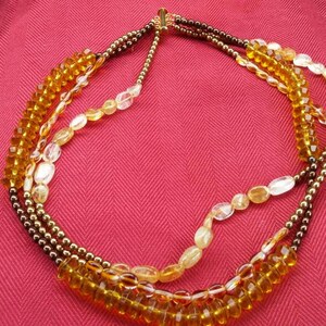 Brass and Yellow Toned Bead 3 Strand 16 inch Necklace Costume Jewelry Fashion Accessory