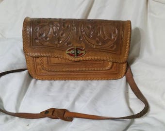 Vintage Hand Tooled  Leather Western Purse with Floral Design