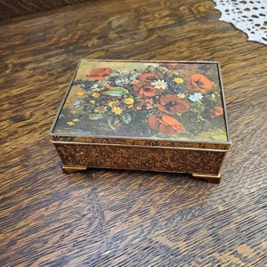Schmid Brothers, Brass and Fabric, Working Music and Jewelry Box, Florals by Danset Painting, Camelot Tune, Made in Japan, Storage Box