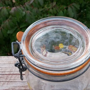 May include: A clear glass jar with a metal lid and a rubber seal. The lid has a brown rubber ring and a metal latch. The jar is sitting on a wooden surface.