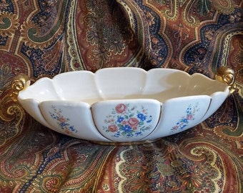 Abingdon Pottery, Oval Console Bowl, Floral Design on Off White Pottery with Gold Handles, Vintage Planter, Dresser Bowl, Centerpiece Dish