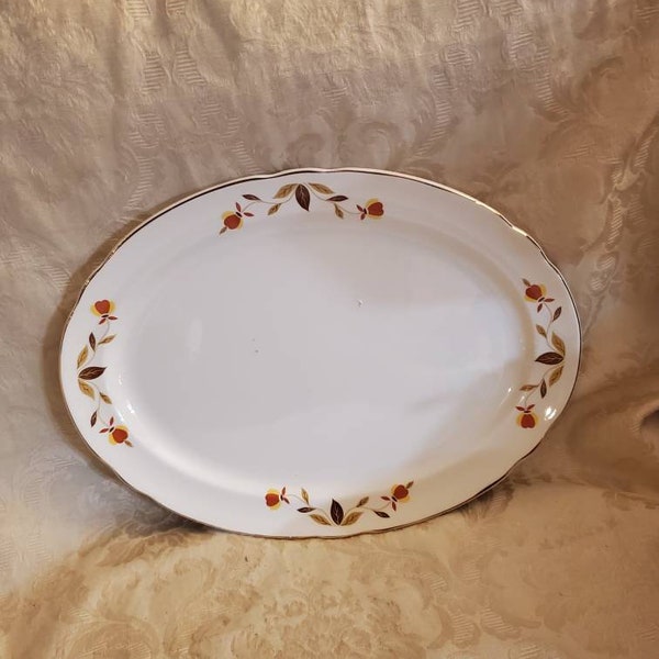 Mary Dunbar Collection, Jewel Tea, 13.60 inch Oval Serving Platter, 1950s Kitchen Yellow Plate with Orange and Gold Flowers