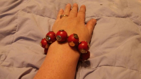 Boho Style Red Wooded and Brass Bead Expandable B… - image 2