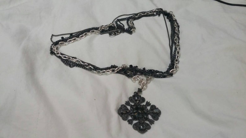 On Sale Steampunk Style and Multi Strand 28 inch Silver Toned and Black Chain with Flower Charm Costume Jewelry Fashion Accessory