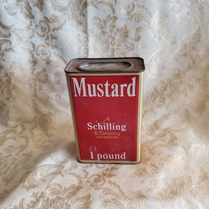 Rustic Schilling, Vintage Mustard Powder, Spice Tin, 1 Pound  with Spice Inside, Vintage Kitchen Decor