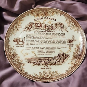 Brown Transferware, South Dakota,  Souvenir 9.25 inch , Off White Porcelain, Decorative Plate or Wall Decor, 1970s Plate
