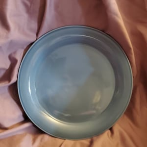 Op de afbeelding: Een ronde, lichtblauwe plaat met een iets verhoogde rand en concentrische groeven. De plaat heeft een glad, glanzend oppervlak en staat op een roze-bruine stoffen achtergrond. De plaat is leeg.