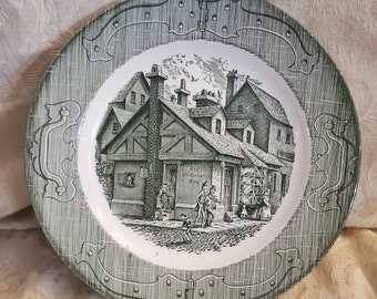 Old Curiosity Shop Green Transferware, 10 inch Dinner Plate, Town Scene, Underglaze Dish, Vintage Kitchen