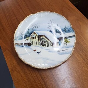 Early 1900s, 8.40 inch Gold Rim Porcelain Plate with Waterwheel Winter Scene, Hand Painted Decorator Plate or Wall Hanging